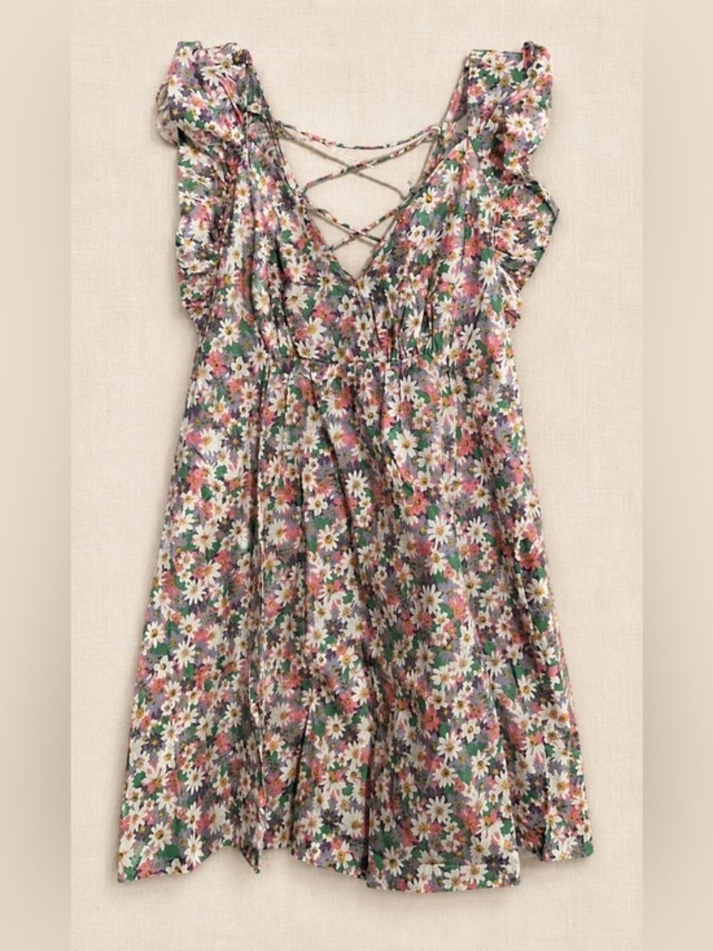 Retro Pink Summer Daisy Print Sundress-Ruffle Straps Babydoll Dress NWT L #2342